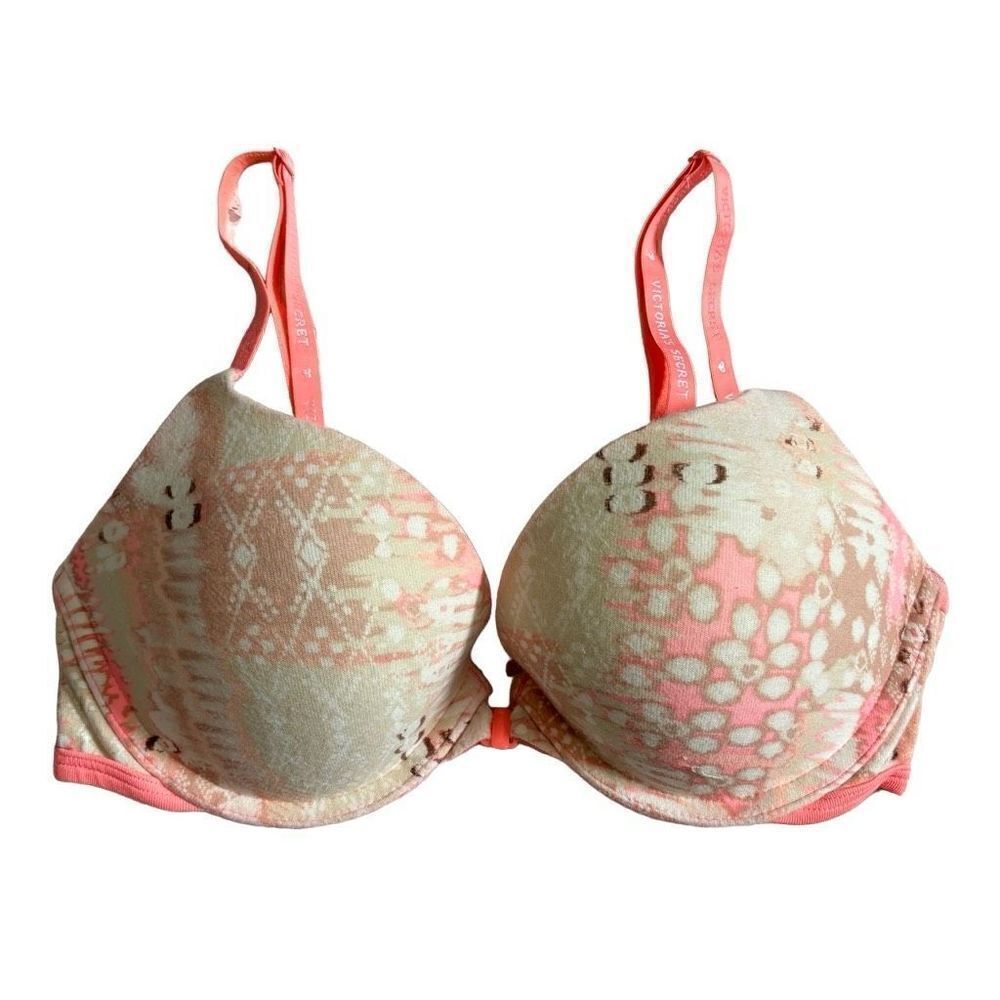 Victorias Secret Front Close Strappy Back Push-Up Padded Bra 34C Coral Multi